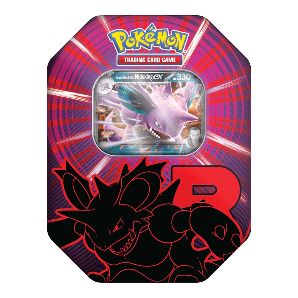 Pokémon TCG: Team Rocket Tin featuring Team Rocket’s Nidoking ex promo card and Poké Ball themed design.