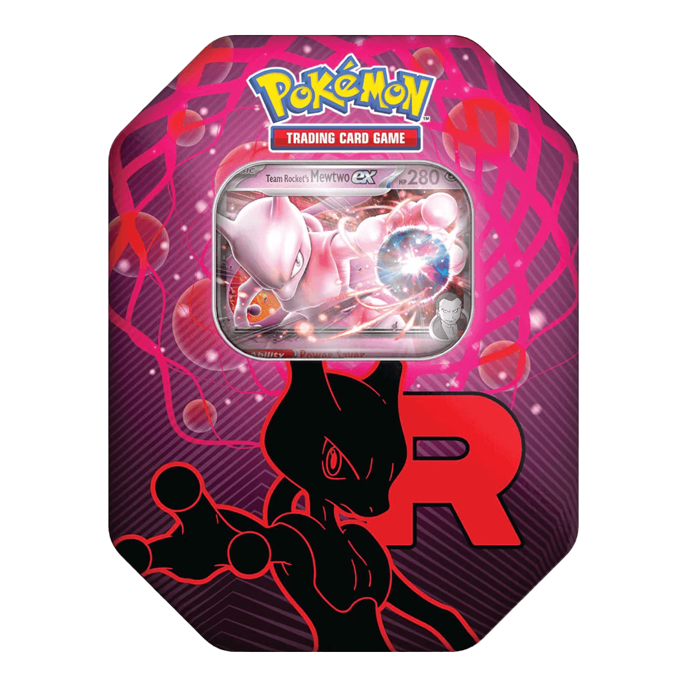 Pokémon TCG: Team Rocket Tin featuring Mewtwo ex foil promo card with vibrant design.