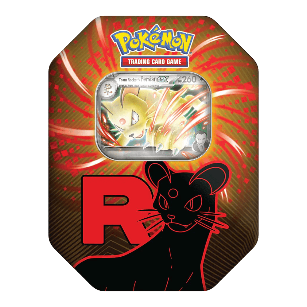 Pokémon TCG: Team Rocket Tin featuring Persian ex promo card on dynamic red background