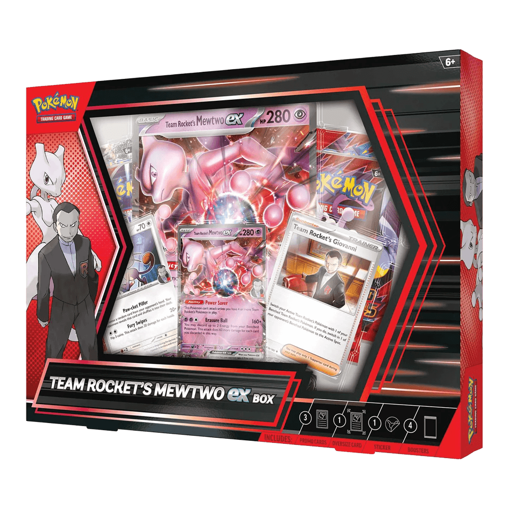 Pokémon TCG: Team Rocket's Mewtwo ex Box featuring Giovanni and powerful Pokémon cards.