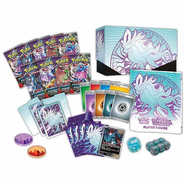 Pokémon TCG: Scarlet & Violet - Temporal Forces - Elite Trainer Box: Walking Wake with cards, guide, dice, and accessories.