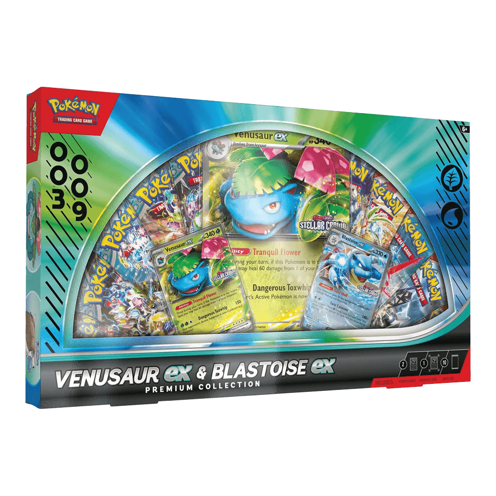 Pokémon TCG: Venusaur /Blastoise ex Premium Collection box with promo cards and booster packs.