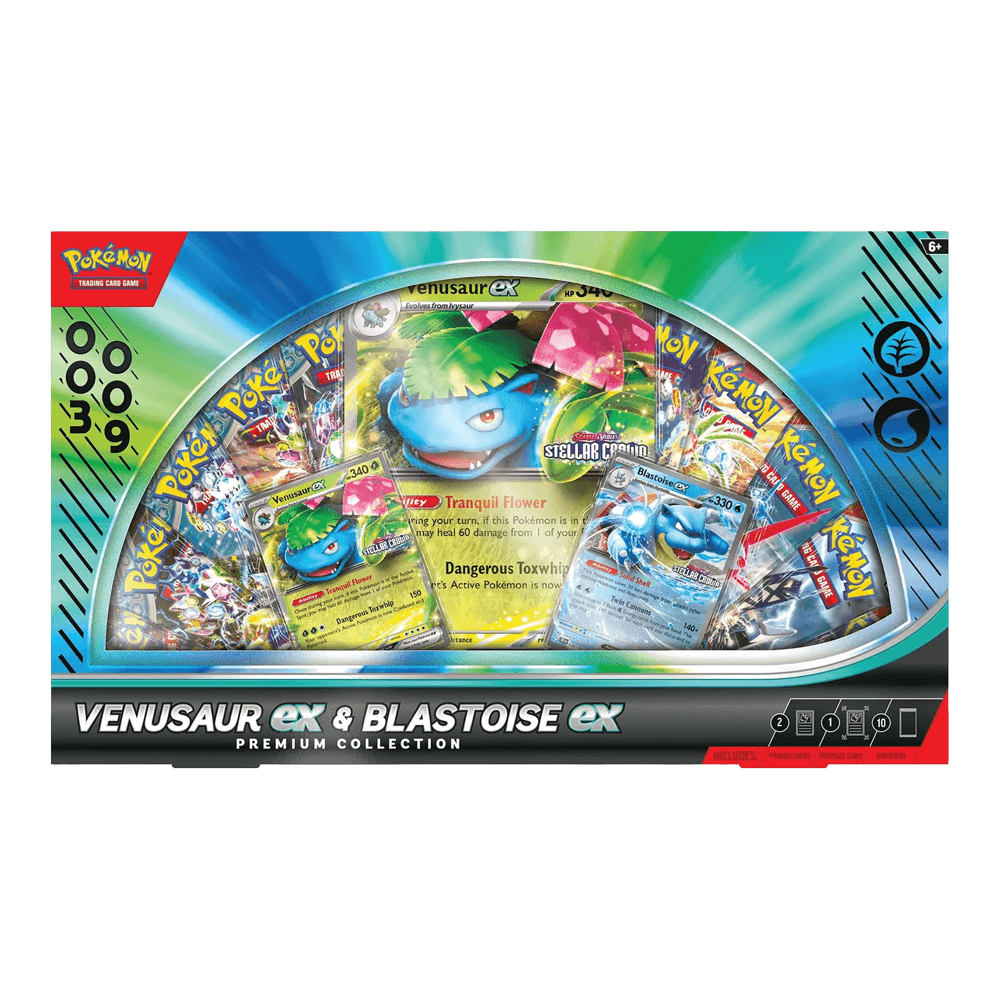 Pokémon TCG: Venusaur /Blastoise ex Premium Collection box with promo cards and 10 booster packs.