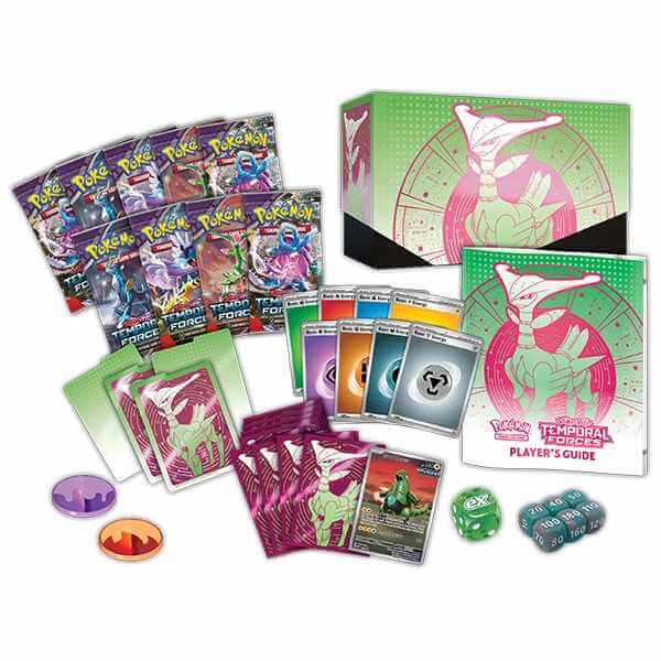 Pokémon TCG: Scarlet & Violet - Temporal Forces - Elite Trainer Box: Iron Leaves - cards, dice, and player's guide.