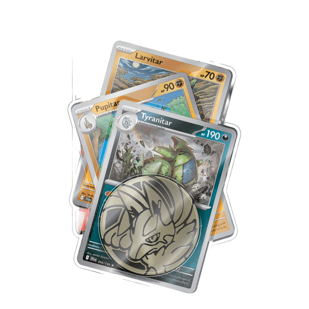Pokémon TCG: Mega Evolution - Premium Checklane featuring Tyranitar, Pupitar, and Larvitar cards with a metallic coin.
