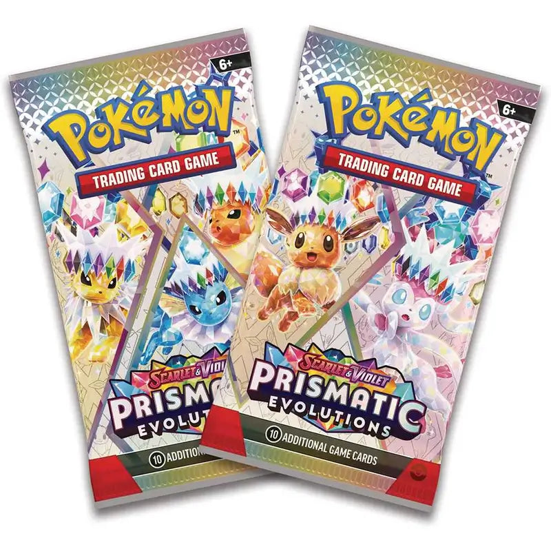 Two Pokémon Prismatic Evolutions Mini Tin booster packs featuring popular characters and vibrant artwork.
