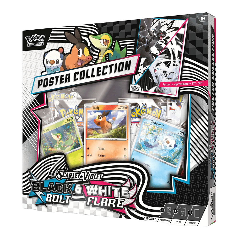 Pokémon TCG: Black Bolt & White Flare Unova Poster Collection box showing Snivy, Tepig, and Oshawott promo cards