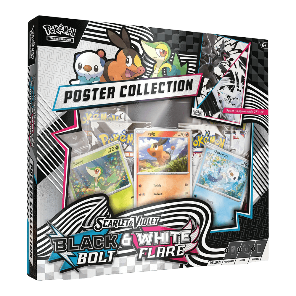 Pokémon TCG: Black Bolt & White Flare Unova Poster Collection featuring Snivy, Tepig, and Oshawott foil promo cards.