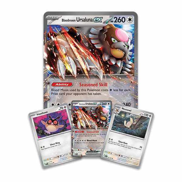 Pokémon TCG: Bloodmoon Ursaluna ex Box featuring cards of Bloodmoon Ursaluna, Hoothoot, and Noctowl.