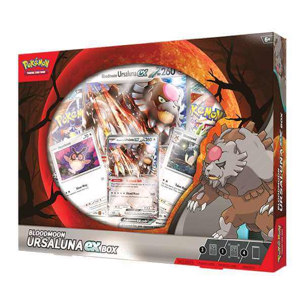 Pokémon TCG: Bloodmoon Ursaluna ex Box with cards featuring Bloodmoon Ursaluna, Hoothoot, and Noctowl in a forest setting.