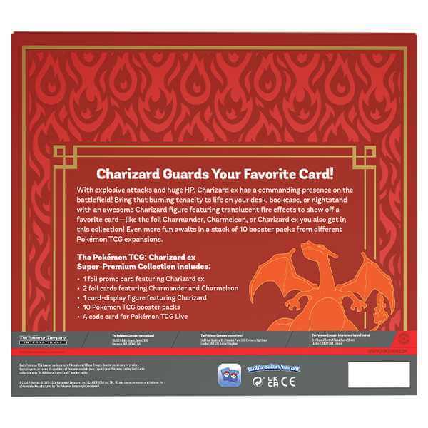 Back of Pokémon TCG: Charizard ex Super-Premium Collection box with product details and fiery Charizard design.