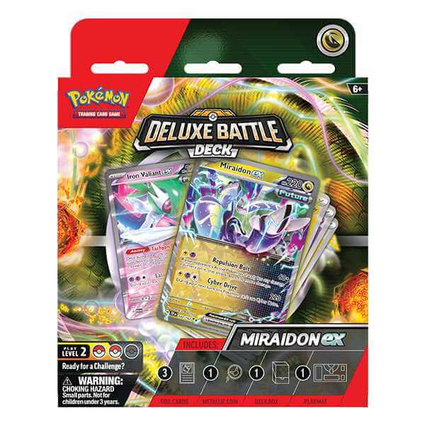 Pokemon TCG: Deluxe Battle Decks - Miraidon EX packaging featuring two Miraidon EX cards and other advanced strategy cards.