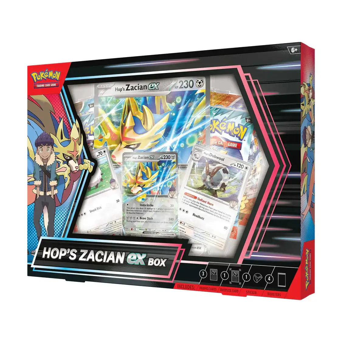 Pokemon TCG: Hop's Zacian ex Box featuring Hop and Zacian cards, perfect for dynamic battles in the Galar region.