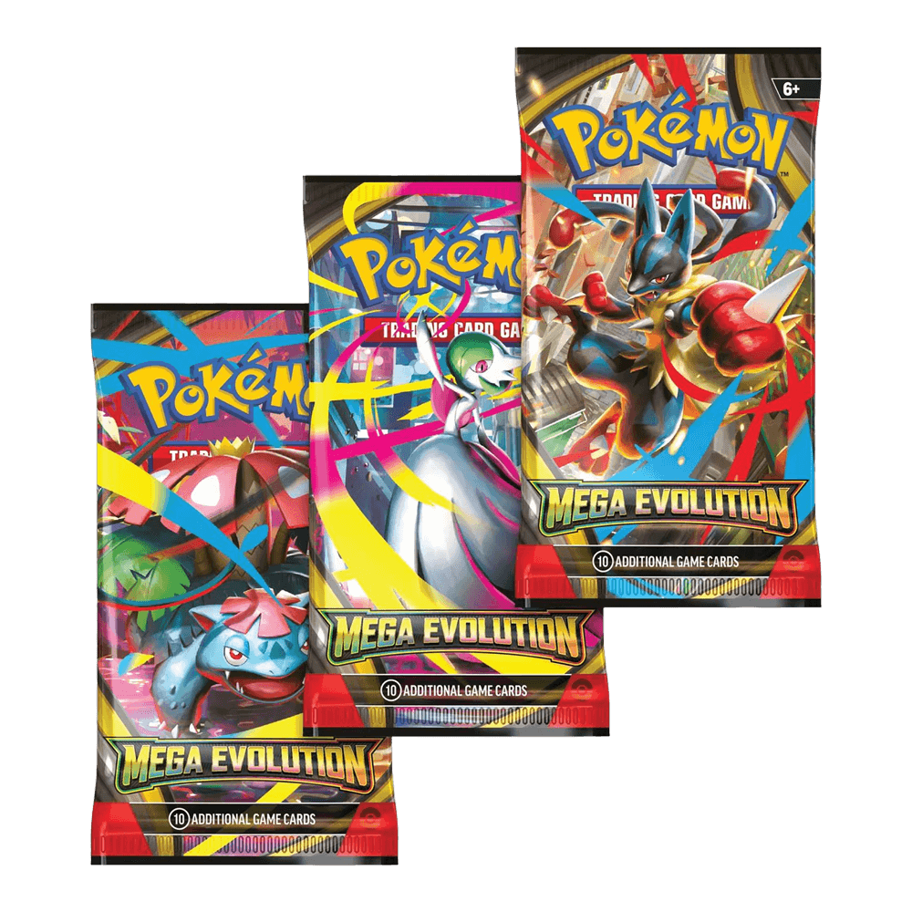 Pokémon TCG: Mega Evolution - 3-pack showcasing Mega Evolution Pokémon ex cards.