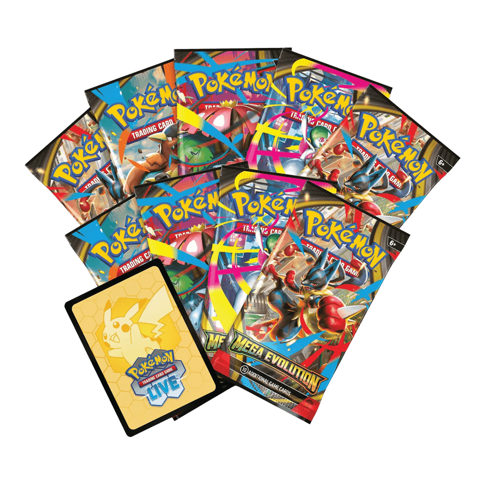 Pokémon TCG: Mega Evolution - Elite Trainer Box - Lucario card packs arranged in a fan shape with trading cards and Pikachu card.
