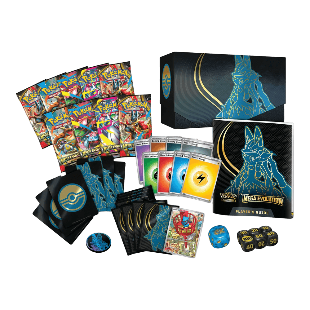 Image of Pokémon TCG: Mega Evolution - Elite Trainer Box - Lucario, featuring booster packs, dice, player guide, and energy cards.