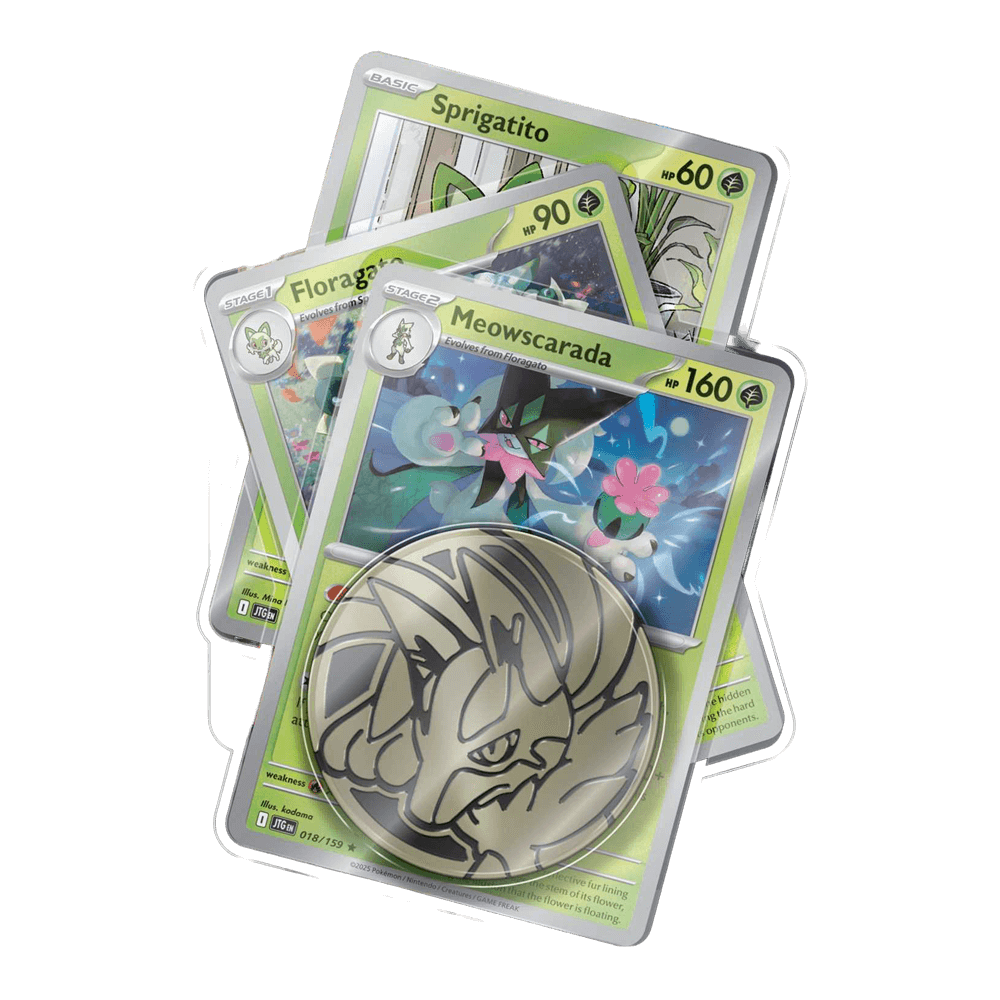 Pokémon TCG: Mega Evolution - Premium Checklane with Sprigatito, Meowscarada, and Floragato cards, featuring Lucario coin.