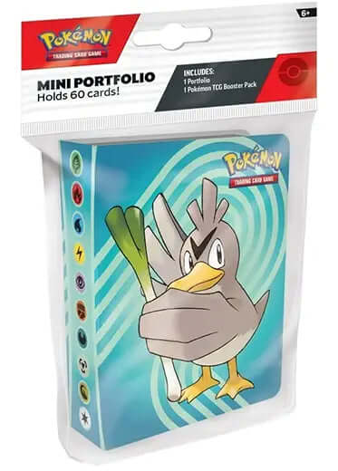 Pokémon TCG: Mini Portfolio 2025 package with booster pack, holds 60 cards, featuring Pokémon character on cover.