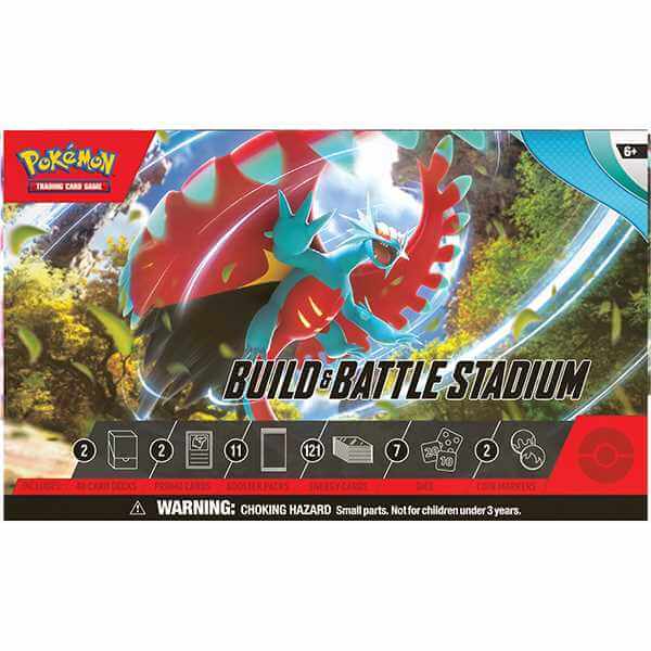 Pokemon TCG: Paradox Rift - Build & Battle Stadium box featuring artwork and game contents.