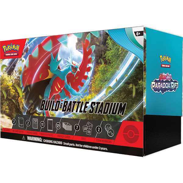 Pokemon TCG: Paradox Rift - Build & Battle Stadium box with vibrant artwork and card game components displayed on packaging.