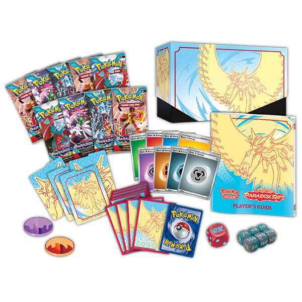 Pokémon TCG: Scarlet & Violet - Paradox Rift - Elite Trainer Box (Roaring Moon) featuring cards, dice, and player’s guide.
