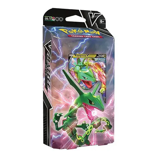 Pokemon TCG Rayquaza V Battle Deck showcasing Dragon type with Rayquaza V card, blending Fire and Lightning elements for strategic play.