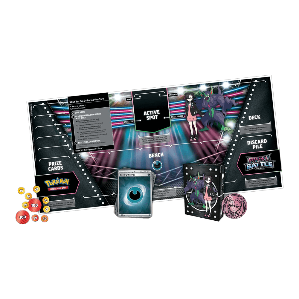 Pokémon TCG: Rival Battle Deck - Marnie with playmat, deck box, 60 cards, damage counters, and metallic coin.