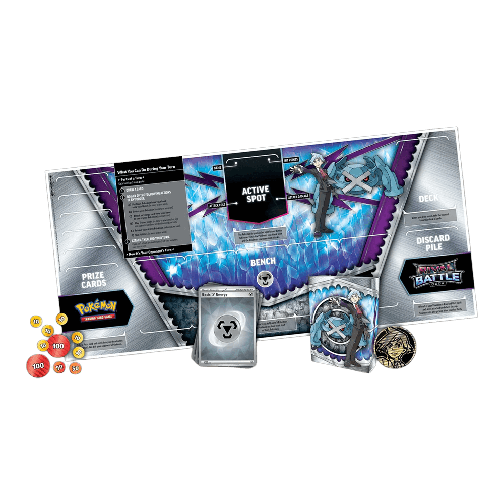 Pokémon TCG: Rival Battle Deck - Steven with playmat, coin, and card set for strategic gameplay.