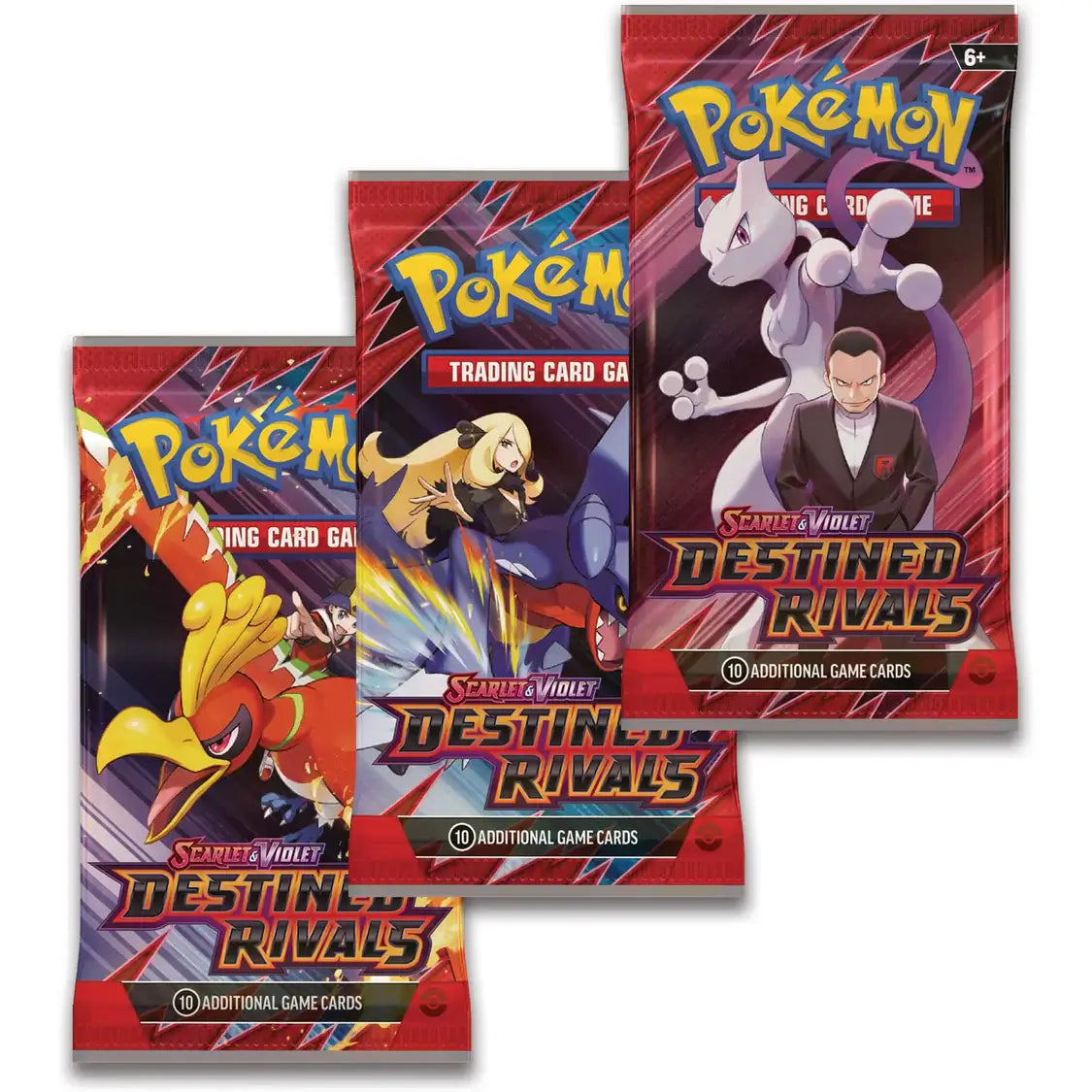 Pokémon TCG: Scarlet & Violet - Destined Rivals - 3-Pack Blister showcasing vibrant card packs with Ho-Oh, Garchomp, and Mewtwo.