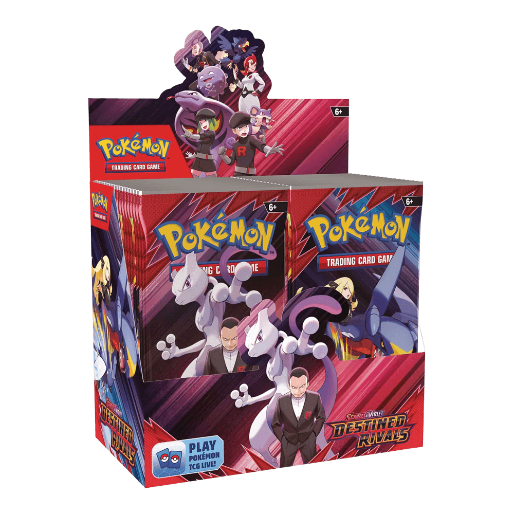Pokémon TCG: Scarlet & Violet - Destined Rivals - Booster Box featuring Team Rocket and iconic Pokémon characters.