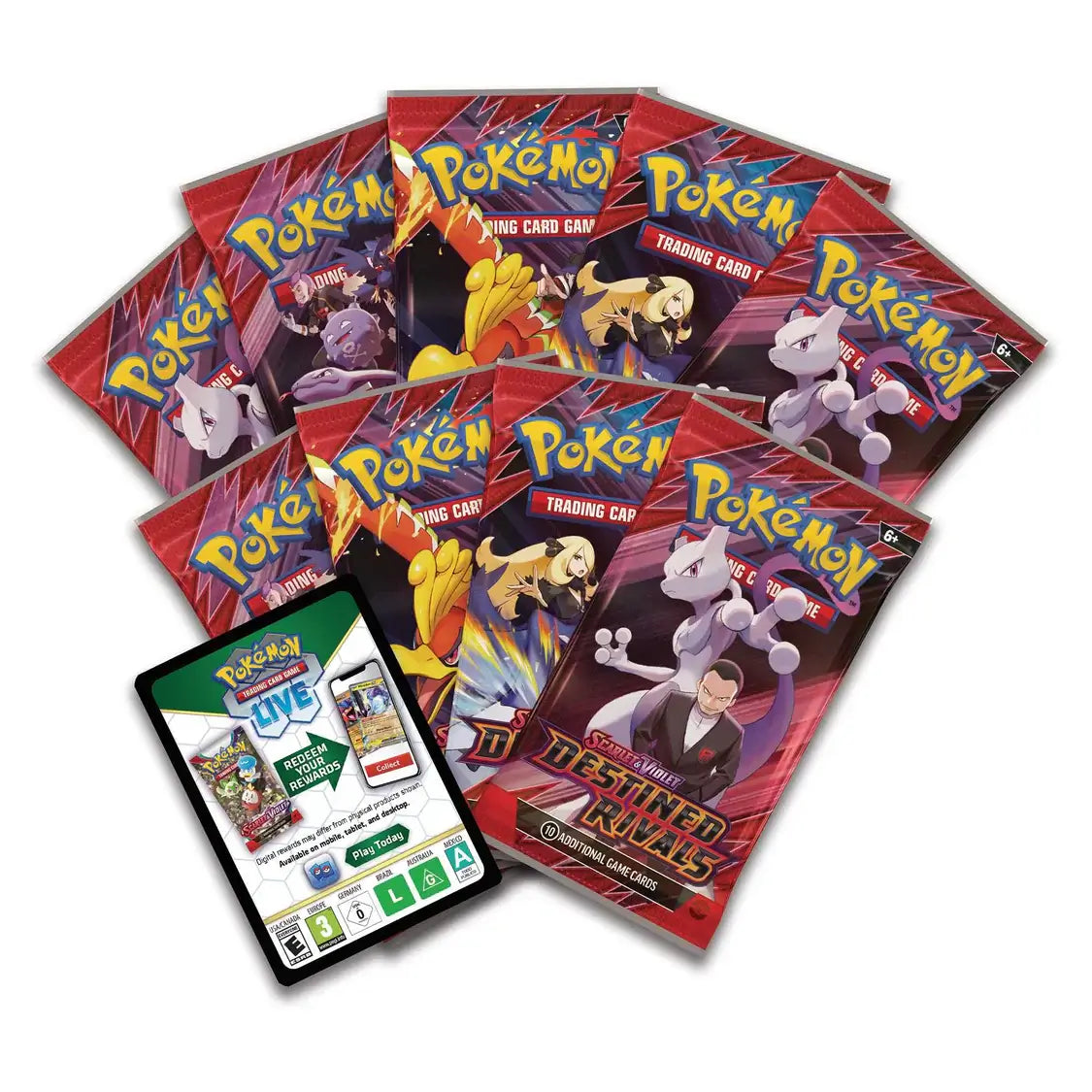 Pokémon TCG: Scarlet & Violet - Destined Rivals - Elite Trainer Box with trading card packs including Mewtwo and Arcanine.