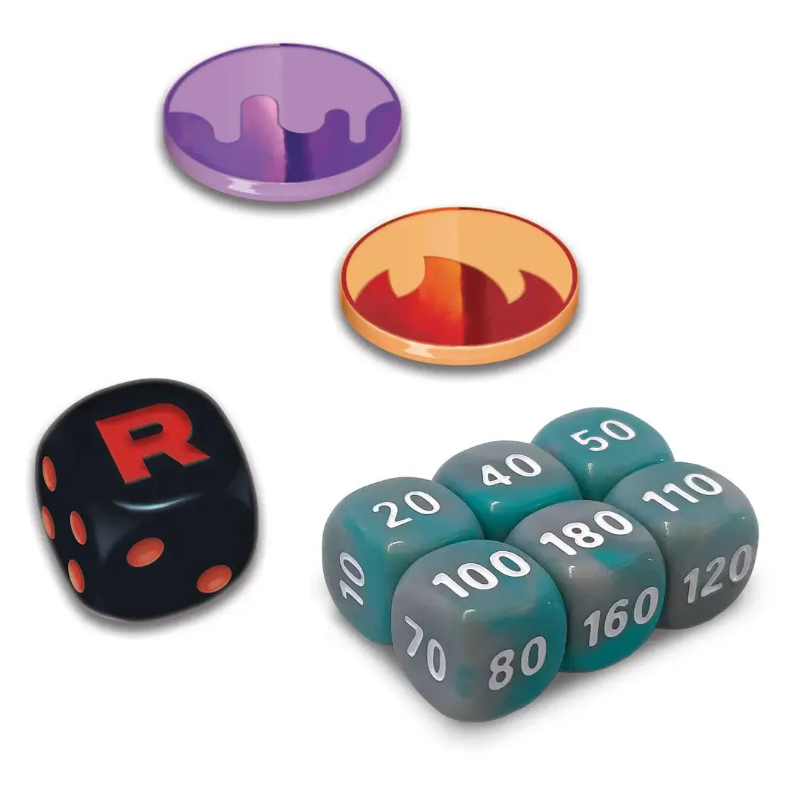 Dice and tokens from Pokémon TCG: Scarlet & Violet - Destined Rivals - Elite Trainer Box featuring Team Rocket logo.