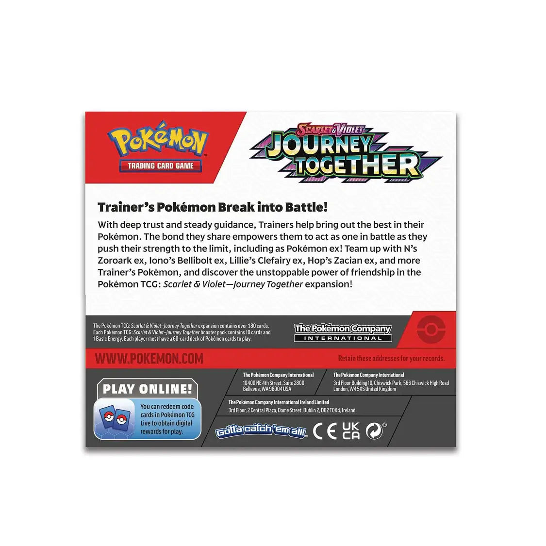 Back of Pokémon TCG: Scarlet & Violet – Journey Together - Booster CDU packaging with product details and Pokémon branding.
