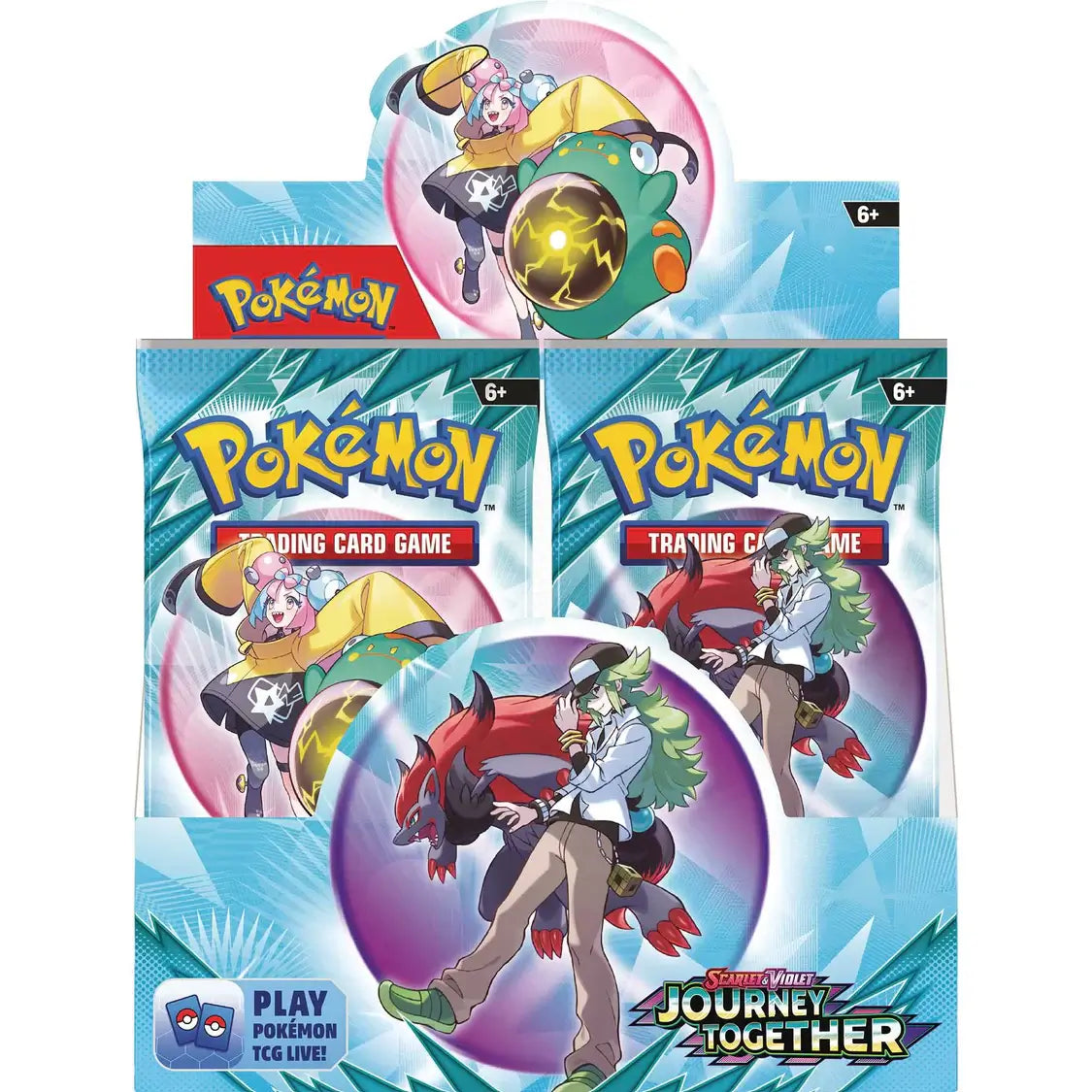 Pokémon TCG: Scarlet & Violet – Journey Together - Booster CDU packs featuring vibrant artwork of Trainers with Pokémon ex cards