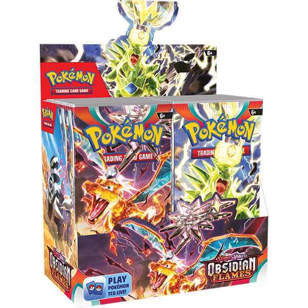 Pokemon TCG: Scarlet & Violet - Obsidian Flames Booster Box featuring vibrant cover art and 36 packs of collectible cards.