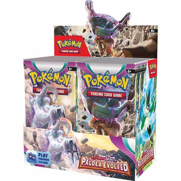 Pokemon TCG: Scarlet & Violet - Paldea Evolved Booster Box display showcasing booster packs from the new card set.