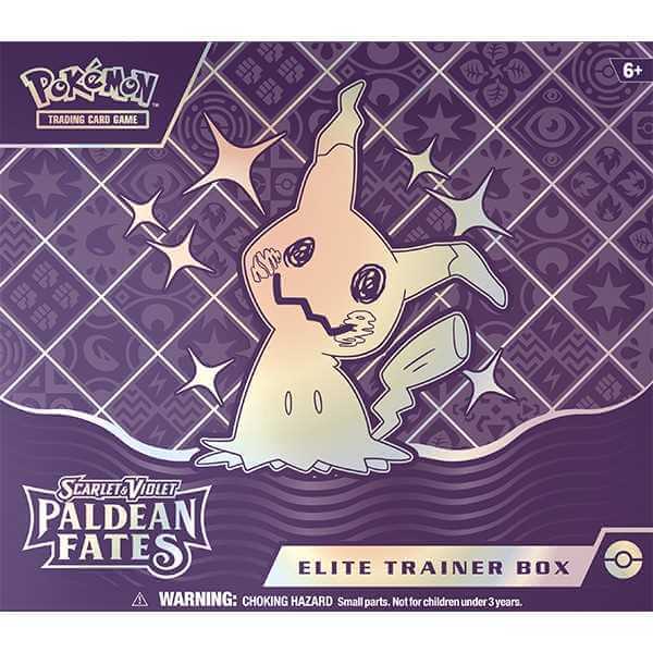 Image of Pokemon TCG: Scarlet & Violet - Paldean Fates Elite Trainer Box featuring Mimikyu design.