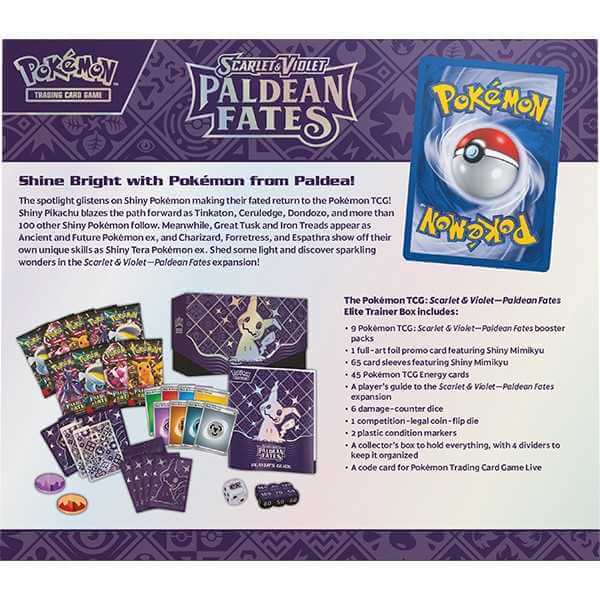 Pokemon TCG: Scarlet & Violet - Paldean Fates Elite Trainer Box featuring Shiny Pokémon cards, accessories, and gameplay materials.