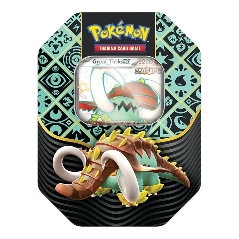 Pokémon TCG: Scarlet & Violet - Paldean Fates Tin featuring Great Tusk ex card and Shiny Pokémon ex collection