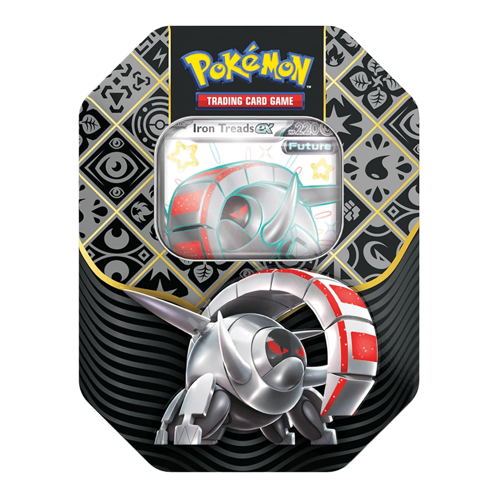 Iron Treads ex card in Pokémon TCG: Scarlet & Violet - Paldean Fates Tin packaging