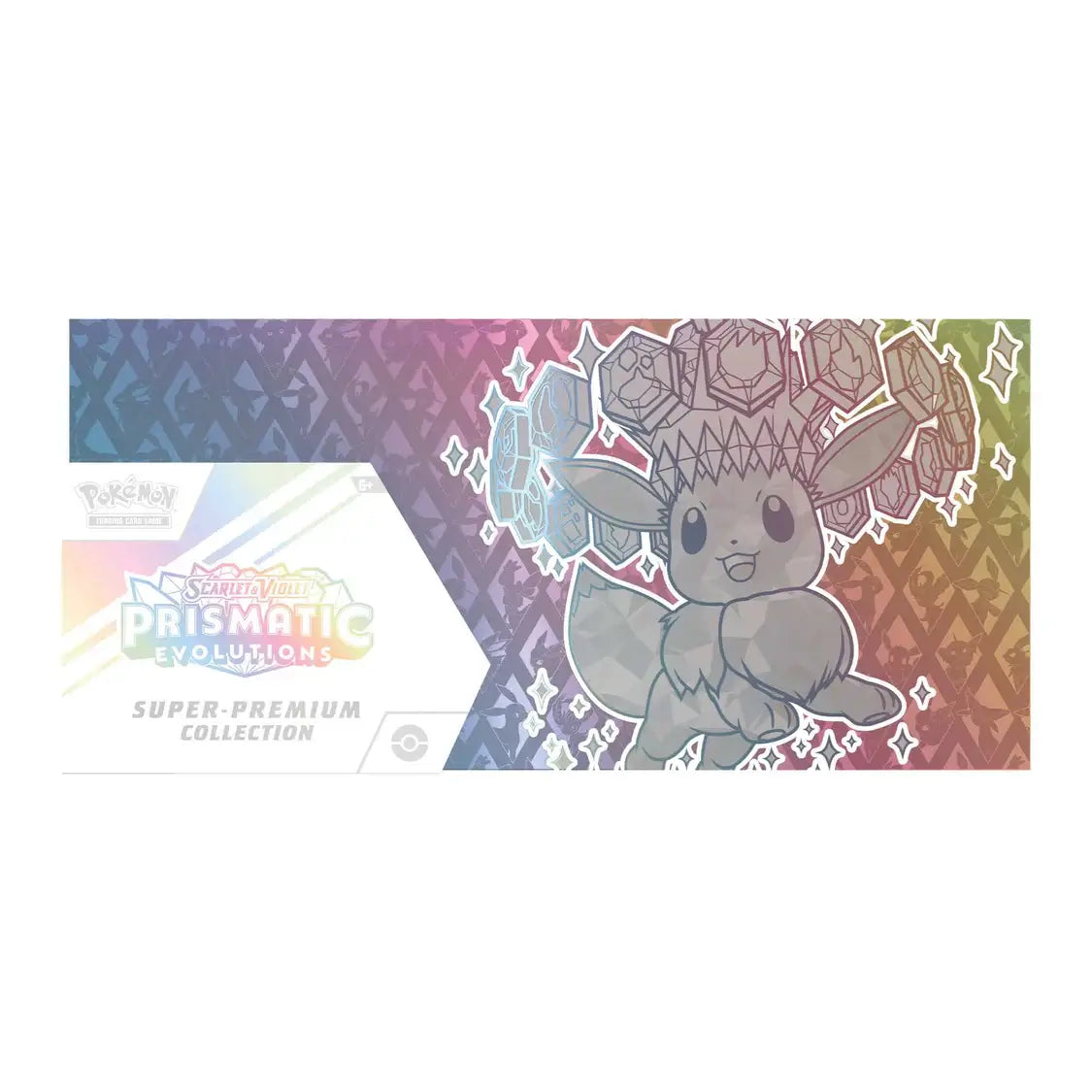 Pokémon TCG: Scarlet & Violet - Prismatic Evolutions - Super-Premium Collection box featuring Eevee with rainbow design.