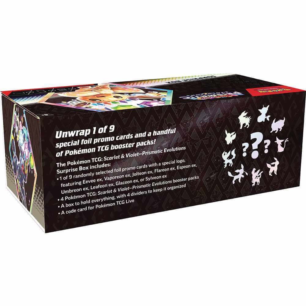 Pokémon TCG: Scarlet & Violet - Prismatic Evolutions – Surprise Box Collection featuring Eevee promo cards and booster packs.