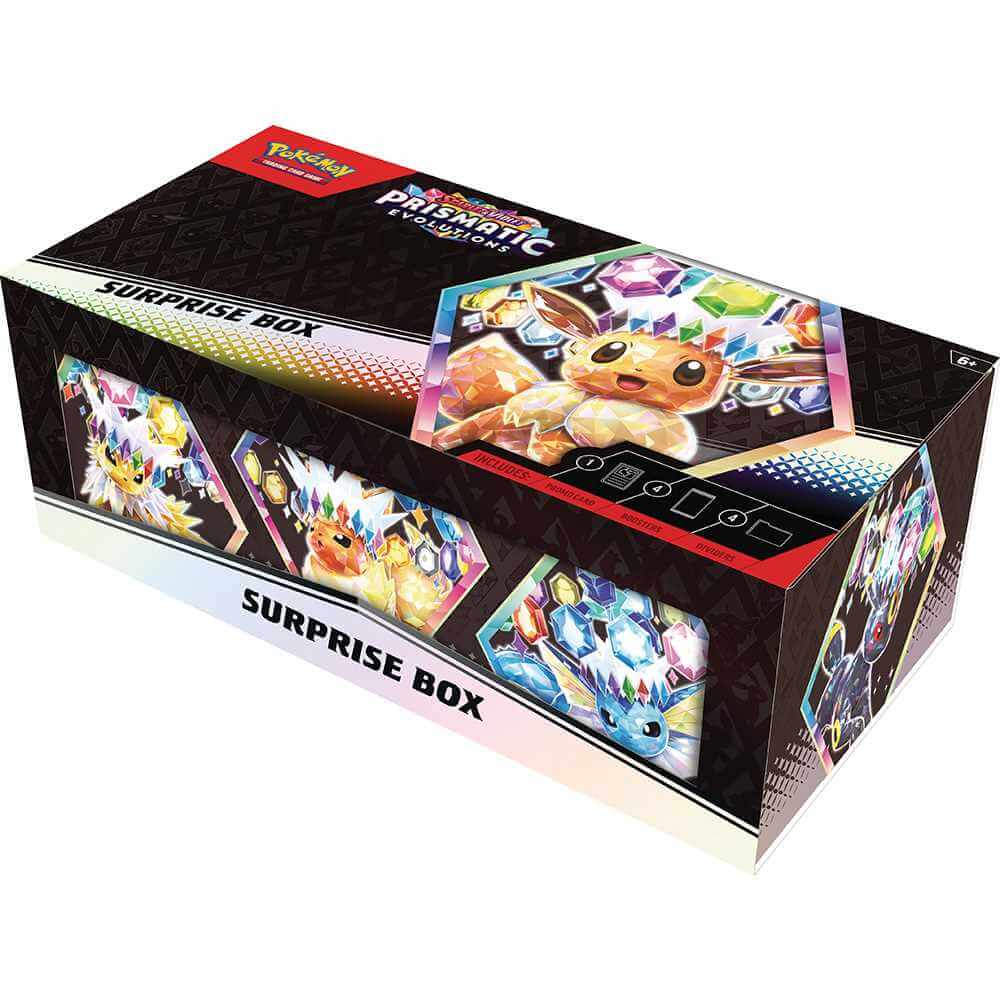 Pokémon TCG: Scarlet & Violet - Prismatic Evolutions – Surprise Box Collection featuring Eevee promo card and booster packs.