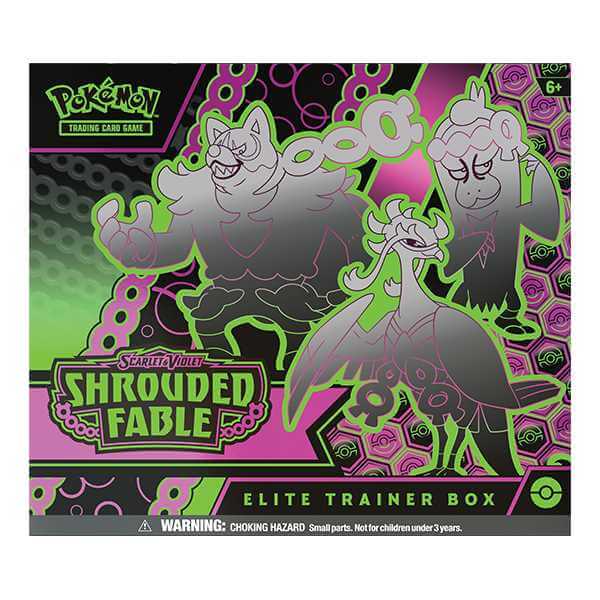 Pokemon TCG: Scarlet & Violet - Shrouded Fable - Elite Trainer Box packaging displaying Okidogi ex, Munkidori ex, and Fezandipiti ex.