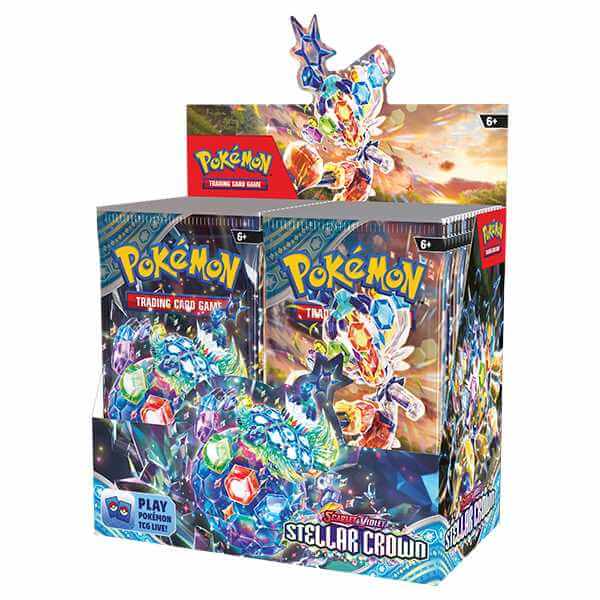 Pokemon TCG: Scarlet & Violet - Stellar Crown - Booster Box with Terapagos and Stellar Tera Pokémon displayed on packaging.
