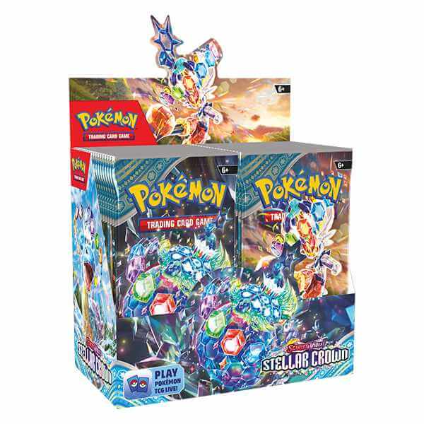 Pokemon TCG: Scarlet & Violet - Stellar Crown - Booster Box featuring legendary Terapagos and Stellar Tera Pokémon.