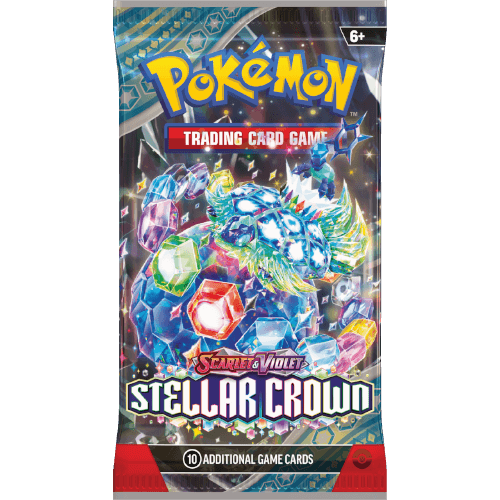 Pokemon TCG: Scarlet & Violet - Stellar Crown - Booster Card pack featuring vibrant artwork of Legendary Pokémon and gems.