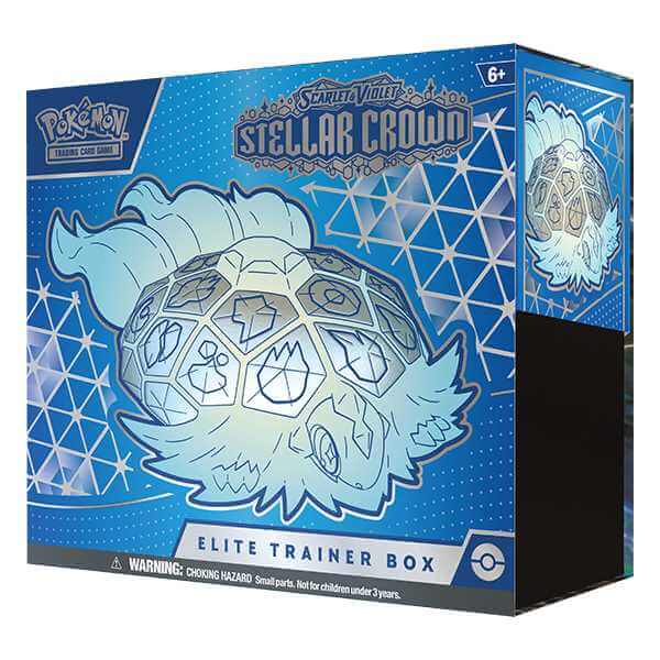 Pokemon TCG: Scarlet & Violet - Stellar Crown - Elite Trainer Box featuring Legendary Pokémon Terapagos on a blue design.