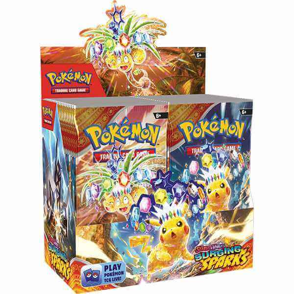 Pokémon TCG: Scarlet & Violet - Surging Sparks Booster Pack with Pikachu ex and Alolan Exeggutor ex on display.
