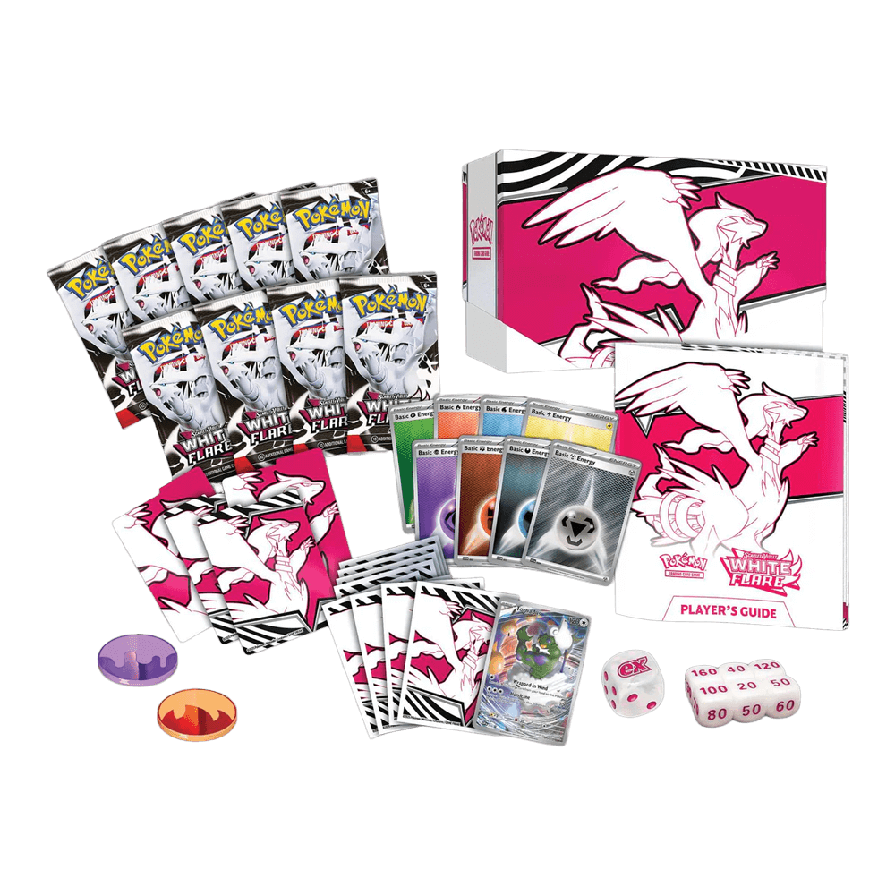 Pokémon TCG: Scarlet & Violet - White Flare - Elite Trainer Box Reshiram with packs, cards, guide, and accessories.